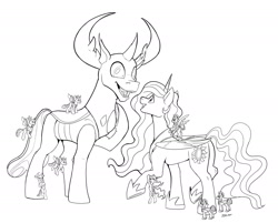 Size: 2000x1605 | Tagged: safe, artist:tsitra360, derpibooru import, pharynx, princess celestia, princess luna, thorax, changedling, changeling, black and white, grayscale, height difference, king thorax, macro, micro, monochrome, prince pharynx