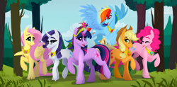 Size: 1280x628 | Tagged: safe, artist:alrumoon_art, derpibooru import, applejack, fluttershy, pinkie pie, rainbow dash, rarity, twilight sparkle, unicorn twilight, earth pony, pegasus, pony, unicorn, big crown thingy, chest fluff, element of generosity, element of honesty, element of kindness, element of laughter, element of loyalty, element of magic, elements of harmony, female, jewelry, mane six, mare, raised hoof, raised leg, regalia, tree