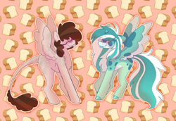 Size: 1600x1100 | Tagged: safe, artist:puppie, derpibooru import, oc, oc only, oc:ditzy, oc:puppie, pegasus, pony, bread, chest fluff, cute, eyes closed, food, leonine tail, raspberry, smiling, spread wings, tail, tongue, tongue out, wings