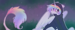 Size: 1100x440 | Tagged: safe, artist:puppie, derpibooru import, oc, oc only, oc:esoteric, alicorn, pony, clothes, forest, hoodie, leonine tail, smiling, solo, spread wings, tail, wings