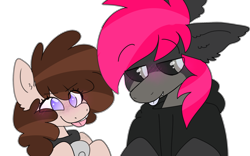 Size: 2400x1500 | Tagged: safe, artist:puppie, derpibooru import, oc, oc only, oc:gruffy, oc:puppie, earth pony, pegasus, pony, black sclera, blushing, clothes, ears, eyebrows, eyebrows visible through hair, floppy ears, goofy, hoodie, raspberry, silly, simple background, smiling, tongue, tongue out, transparent background