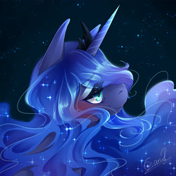 Size: 4000x4000 | Tagged: safe, artist:evanrank, derpibooru import, princess luna, alicorn, pony, eye clipping through hair, lidded eyes, smiling, solo, stars