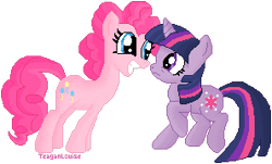 Size: 297x179 | Tagged: safe, artist:teaganlouise, derpibooru import, twilight sparkle, unicorn twilight, earth pony, pony, unicorn, 2012, duo, female, mare, pixel art, simple background, transparent background