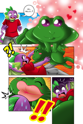 Size: 1500x2234 | Tagged: safe, artist:boastudio, derpibooru import, spike, anthro, dragon, frog, comic, commission, disguise, disguised changeling, exclamation point, eyes closed, kissing, looking at you, male, speech bubble, toad