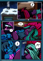 Size: 2480x3508 | Tagged: safe, artist:dsana, derpibooru import, fizzlepop berrytwist, tempest shadow, oc, oc:lullaby dusk, pegasus, pony, unicorn, comic:a storm's lullaby, bandage, bandaged wing, female, filly, foal, mare, sleeping, wings