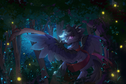 Size: 2433x1618 | Tagged: safe, artist:lendftcn, derpibooru import, oc, oc only, oc:fenris ebonyglow, original species, pegasus, pony, timber pony, timber wolf, clothes, everfree forest, forest, looking back, night, scarf, scenery