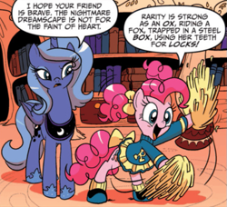 Size: 629x574 | Tagged: safe, artist:amymebberson, derpibooru import, idw, pinkie pie, princess luna, spoiler:comic, spoiler:comic05, cheerleader, cheerleader outfit, clothes, comic, official, pigtails, s1 luna