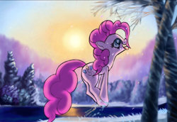 Size: 1628x1117 | Tagged: safe, artist:nuxersopus, derpibooru import, pinkie pie, pony, forest, river, scenery, solo, sunset, water, winter