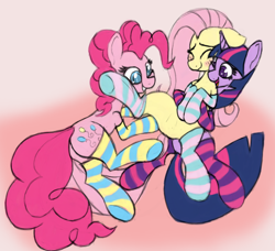 Size: 1038x947 | Tagged: safe, artist:nuxersopus, derpibooru import, fluttershy, pinkie pie, twilight sparkle, pony, blushing, clothes, socks, striped socks