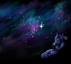 Size: 660x592 | Tagged: safe, artist:feather-ponyart, derpibooru import, princess luna, alicorn, pony, female, filly, foal, lying down, night, on back, solo, stargazing, stars, woona, younger