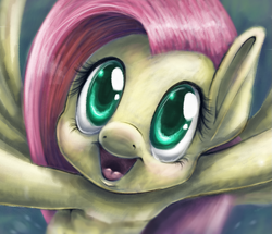 Size: 1251x1078 | Tagged: safe, artist:feather-ponyart, derpibooru import, fluttershy, pegasus, pony, bust, esophagus, female, looking at you, mare, open mouth, smiling, solo, spread wings, uvula, wings