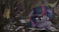 Size: 1920x1044 | Tagged: safe, artist:aquaticsun, derpibooru import, princess celestia, twilight sparkle, oc, oc:feather, pony, crossed hooves, crying, golden oaks library, leaning, paper, picture