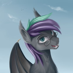 Size: 3000x3000 | Tagged: safe, artist:raminy, derpibooru import, oc, oc only, oc:grandpri, bat pony, pony, bat pony oc, bat wings, bust, cloud, fangs, glasses, male, portrait, sky, solo, wings