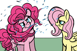 Size: 2178x1458 | Tagged: safe, artist:doodledonutart, derpibooru import, fluttershy, pinkie pie, earth pony, pegasus, pony, behaving like a dog, comic, duo, fluttershy is not amused, pinkie being pinkie, shaking, unamused, wet