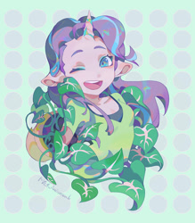 Size: 938x1073 | Tagged: safe, artist:animesoul, derpibooru import, phyllis, starlight glimmer, human, eared humanization, horn, horned humanization, humanized, looking at you, one eye closed, plant, potted plant, smiling, vine, wink