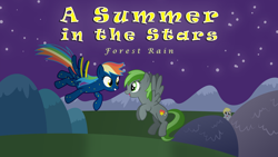 Size: 1920x1080 | Tagged: safe, artist:hourglass-vectors, derpibooru import, derpy hooves, oc, oc:forest rain, oc:starborne, pegasus, pony, floating, looking at each other, looking at someone, night, song cover