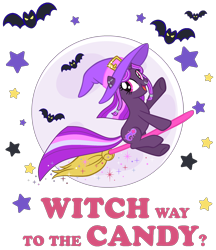 Size: 2280x2637 | Tagged: safe, artist:lillyleaf101, derpibooru import, oc, oc only, oc:nebula gloom, bat, pony, unicorn, broom, female, flying, flying broomstick, hat, mare, simple background, solo, transparent background, witch hat