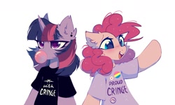 Size: 1150x691 | Tagged: safe, artist:mirtash, derpibooru import, pinkie pie, twilight sparkle, earth pony, pony, semi-anthro, bubblegum, bust, clothes, duo, duo female, ear piercing, eye clipping through hair, eyebrows, eyebrows visible through hair, female, food, gum, heart, horn, lesbian, mare, mouthpiece, open mouth, open smile, pansexual, pansexual pride flag, peace symbol, piercing, pride, pride flag, shipping, shirt, simple background, smiling, twinkie, white background