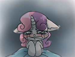 Size: 1451x1099 | Tagged: safe, artist:namaenonaipony, derpibooru import, sweetie belle, pony, unicorn, blanket, blushing, crying, ears, female, floppy ears, horn, mare, solo