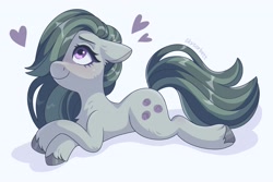 Size: 2021x1354 | Tagged: safe, artist:skysorbett, derpibooru import, marble pie, earth pony, pony, blushing, cute, female, hair over one eye, heart, looking to side, looking to the left, looking up, lying down, marblebetes, mare, prone, simple background, smiling, solo, unshorn fetlocks, white background