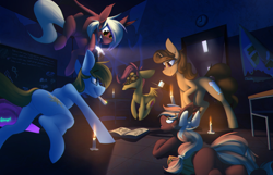 Size: 2000x1289 | Tagged: safe, artist:noxy, derpibooru import, flash sentry, scootaloo, twilight sparkle, oc, oc:dimi, oc:middy, oc:picture perfect, oc:rara, bird, chicken, ghost, undead, camera, candle, female, flashlight (object), flying, haunted, male, phasmophobia, school, shipping, spooky, straight