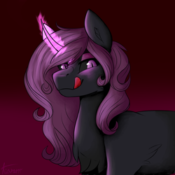 Size: 1000x1000 | Tagged: safe, artist:kiararrr, derpibooru import, oc, oc only, oc:keiran, pony, unicorn, edgy, female, licking, licking lips, long mane, looking down, magic, magic aura, mare, simple background, solo, tongue, tongue out