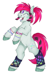 Size: 1350x2000 | Tagged: safe, artist:molars, derpibooru import, oc, oc only, oc:rave anthemz, earth pony, pony, bipedal, braces, clothes, coontails, full body, leg warmers, neon, one eye closed, open mouth, pink mane, ponytail, pride, pride flag, rearing, scene, simple background, smiling, solo, striped mane, transparent background, unshorn fetlocks, wink