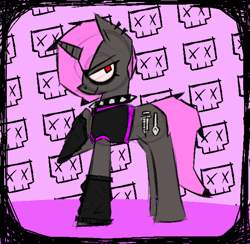 Size: 1180x1154 | Tagged: safe, artist:xxv4mp_g4z3rxx, derpibooru import, oc, oc only, oc:ivy crystals, pony, unicorn, arm warmers, clothes, collar, hoof on chest, horn, pink mane, raised hoof, raised leg, red eyes, smiling, solo, spiked collar, unicorn oc