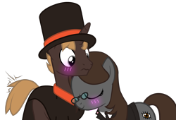 Size: 4187x2848 | Tagged: safe, artist:mlpmvguy, derpibooru import, oc, oc only, oc:private eye, oc:sonata, pony, unicorn, blushing, clothes, cute, elements of justice, female, glasses, hat, lawyer, male, mare, professor layton, shipping, simple background, stallion, suit, top hat, transparent background, turnabout storm, vector