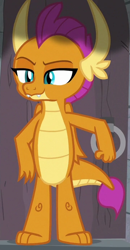 Size: 362x695 | Tagged: safe, derpibooru import, screencap, smolder, dragon, molt down, cropped, dragoness, female, smoke, smug, solo