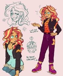 Size: 1660x2000 | Tagged: safe, artist:eggoatt, derpibooru import, sunset shimmer, human, equestria girls, clothes, female, hand on hip, jacket, open mouth, pants, shoes, solo