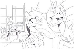 Size: 1497x993 | Tagged: safe, artist:nauyaco, derpibooru import, princess celestia, princess luna, oc, alicorn, pegasus, pony, blushing, female, jewelry, monochrome, musical instrument, piano, regalia, simple background, sweat, white background