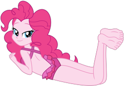 Size: 7045x4922 | Tagged: safe, artist:emeraldblast63, derpibooru import, pinkie pie, equestria girls, ass, balloonbutt, barefoot, bedroom eyes, breasts, butt, clothes, feet, looking at you, looking back, looking back at you, looking over shoulder, lying down, pinkie pie swimsuit, sexy, simple background, soles, solo, swimsuit, the pose, toes, transparent background