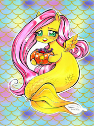 Size: 772x1036 | Tagged: safe, artist:nanako87, derpibooru import, fluttershy, hybrid, mermaid, merpony, pegasus, seapony (g4), abstract background, blushing, candy, cute, daaaaaaaaaaaw, female, food, halloween, holiday, hoof hold, lidded eyes, looking at you, mare, open mouth, pumpkin bucket, seapony fluttershy, shyabetes, signature, smiling, smiling at you, solo, species swap, wings