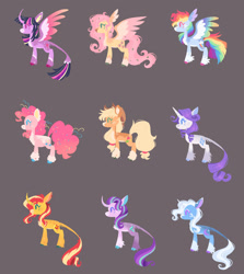 Size: 1280x1438 | Tagged: safe, artist:wanderingpegasus, derpibooru import, applejack, fluttershy, pinkie pie, rainbow dash, rarity, starlight glimmer, sunset shimmer, trixie, twilight sparkle, twilight sparkle (alicorn), alicorn, classical unicorn, earth pony, pegasus, pony, unicorn, alternate design, alternate hairstyle, applejack's hat, bald face, blaze (coat marking), body freckles, brown background, chest fluff, clothes, cloven hooves, coat markings, colored eartips, colored eyelashes, colored hooves, colored pinnae, colored wings, cowboy hat, curved horn, facial markings, feathered ears, feathered fetlocks, female, freckles, gradient wings, hat, heart mark, horn, ibispaint x, leonine tail, mane six, mare, multicolored wings, pale belly, rainbow wings, redesign, side view, simple background, snip (coat marking), socks (coat marking), star (coat marking), straight horn, tail, unshorn fetlocks, wings