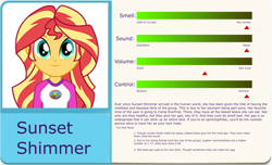 Size: 3000x1825 | Tagged: safe, derpibooru import, edit, sunset shimmer, equestria girls, camp everfree outfits, eqg profiles, fart profiles, implied farting, looking at you, solo, statistics