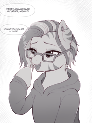 Size: 1748x2338 | Tagged: safe, artist:evomanaphy, derpibooru import, oc, oc only, oc:nishati, zebra, bully, bullying, clothes, dialogue, glasses, hoodie, offscreen character, solo, speech bubble