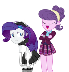 Size: 1038x1082 | Tagged: safe, artist:swiftgaiathebrony, derpibooru import, rarity, suri polomare, equestria girls, blackmail, clothes, crystal prep academy uniform, duo, duo female, female, maid, maidity, open mouth, school uniform, simple background, socks, thigh highs, white background