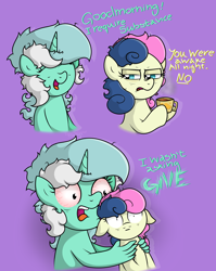 Size: 3234x4064 | Tagged: safe, artist:background basset, derpibooru import, bon bon, lyra heartstrings, sweetie drops, earth pony, pony, unicorn, bags under eyes, bloodshot eyes, bust, coffee mug, dialogue, duo, duo female, ears, female, floppy ears, hand, mug, open mouth, shocked, shocked expression, simple background, suddenly hands, text, tired, wat