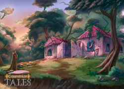Size: 2100x1500 | Tagged: safe, artist:harmonize entertainment, derpibooru import, g1, equestrian tales, forest, house, no pony, paradise estate, promotional art, ruins, tree