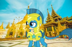 Size: 1200x798 | Tagged: safe, artist:cloudyglow, derpibooru import, edit, gallus, pony, the last problem, griffons in real life, guard, irl, myanmar, pagoda, photo, ponies in real life, royal guard, royal guard gallus, yangon