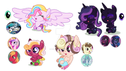 Size: 1280x725 | Tagged: safe, artist:elementbases, artist:princess-kitsune-tsu, derpibooru import, idw, big macintosh, king sombra, pound cake, princess cadance, princess celestia, princess flurry heart, princess luna, tempest shadow, oc, alicorn, earth pony, pegasus, pony, unicorn, baby, baby pony, base used, cadmac, celestibra, diaper, eyes closed, female, filly, foal, freckles, good king sombra, horn, infidelity, large wings, lesbian, magical lesbian spawn, male, mare, offspring, older, older flurry heart, older pound cake, parent:big macintosh, parent:good king sombra, parent:king sombra, parent:pound cake, parent:princess cadance, parent:princess celestia, parent:princess flurry heart, parent:princess luna, parent:tempest shadow, parents:cadmac, parents:celestibra, parents:poundflurry, parents:tempestluna, pegasus oc, poundflurry, screencap reference, shipping, simple background, smiling, spread wings, stallion, straight, tempestluna, transparent background, unicorn oc, wings