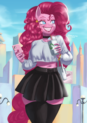 Size: 1754x2480 | Tagged: safe, artist:nire, derpibooru import, pinkie pie, anthro, earth pony, bag, belly button, big breasts, breasts, choker, city, clothes, cloud, cup, curly hair, curvy, drink, ear piercing, earring, eyelashes, eyeliner, eyeshadow, female, grin, jewelry, lamppost, lipstick, looking away, makeup, manehattan, mare, midriff, nail polish, phone, piercing, skindentation, skirt, smiling, solo, stockings, sweater, thigh highs, thighs, thunder thighs, zettai ryouiki