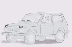 Size: 3093x2056 | Tagged: safe, artist:g4bby, derpibooru import, oc, oc only, earth pony, pony, car, earth pony oc, female, grin, high res, lada, lada niva, license plate, mare, monochrome, shadow, simple background, smiling, solo, suv, unnamed oc, vehicle, white background