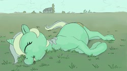 Size: 2732x1538 | Tagged: safe, artist:mandumustbasukanemen, derpibooru import, lyra heartstrings, pony, unicorn, belly, cute, eyes closed, female, grass, grazing, happy, horses doing horse things, lying down, mare, outdoors, solo