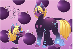 Size: 1800x1200 | Tagged: safe, artist:catboycrimez, derpibooru import, oc, oc only, oc:purple plum, pony, unicorn, eye clipping through hair, eyebrows, eyebrows visible through hair, horn, male, reference sheet, signature, smiling, solo, stallion, unicorn oc