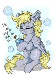 Size: 2894x4093 | Tagged: safe, artist:julunis14, derpibooru import, derpy hooves, pegasus, pony, best pony, bubble, coffee, coffee mug, eyes closed, hoof hold, mug, sitting, solo