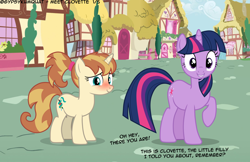 Size: 4356x2826 | Tagged: safe, artist:gypsykumquat, derpibooru import, edit, twilight sparkle, unicorn twilight, oc, oc:clovette, pony, unicorn, comic:meet clovette, blushing, dialogue, embarrassed, horn, looking at you, ponyville, show accurate, smiling, smiling at you, talking to viewer, teenager, unicorn oc, vector, vector edit