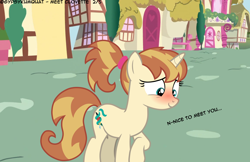 Size: 4356x2826 | Tagged: safe, artist:gypsykumquat, derpibooru import, edit, oc, oc:clovette, pony, unicorn, comic:meet clovette, blushing, dialogue, embarrassed, horn, looking down, ponyville, show accurate, smiling, talking to viewer, teenager, unicorn oc, vector, vector edit