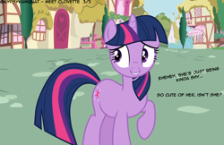 Size: 4356x2826 | Tagged: safe, artist:gypsykumquat, derpibooru import, edit, twilight sparkle, unicorn twilight, oc, pony, unicorn, comic:meet clovette, dialogue, embarrassed, horn, ponyville, show accurate, smiling, talking to viewer, unicorn oc, vector, vector edit